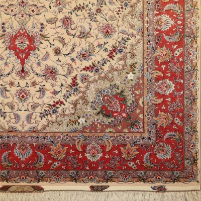تصویر فرش دستباف تبریز ۶ متری ۵۰ رج کرک و ابریشم تقی‌زاده کرم