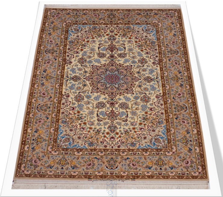 فرش دستبافت گل ابریشم اصفهان لچک ترنج کرم نسکافه ای