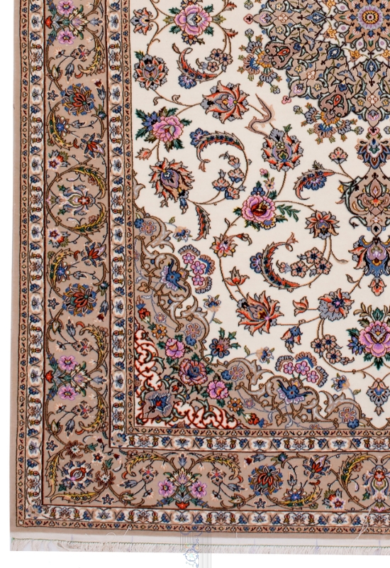 تصویر فرش دستباف اصفهان پرده ای کرک و ابریشم طرح لچک و ترنج