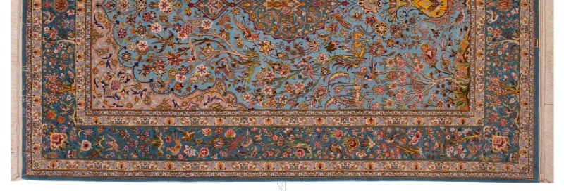 فرش دستباف اصفهان 4متری نقشه یک طرفه محرابی فیروزه ای