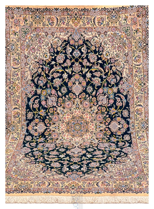 فرش دستباف نایین ۹لا پرده ای سرمه ای و کرم