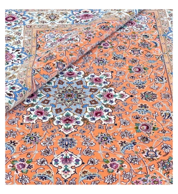 فرش دستباف اصفهان پرده ای ۶۰ رج لچک ترنج مسی گل ابریشم