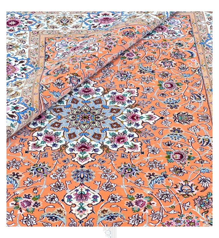 فرش دستباف اصفهان پرده ای ۶۰ رج لچک ترنج مسی گل ابریشم