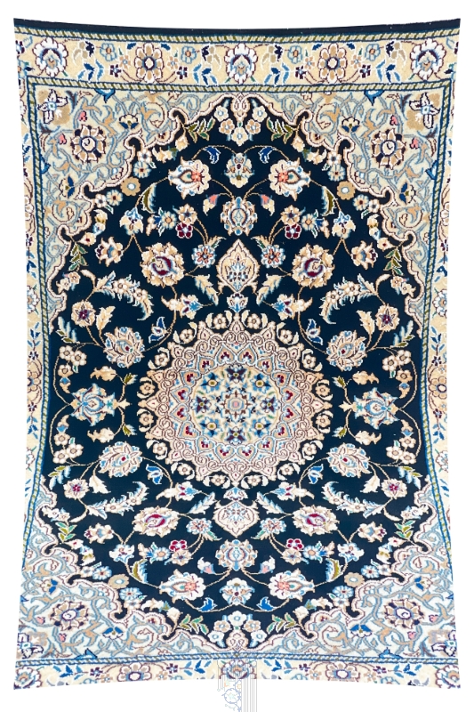 تصویر فرش دستباف نایین ذرع و چارک  ۹لا طرح لچک و ترنج مشکی کرم